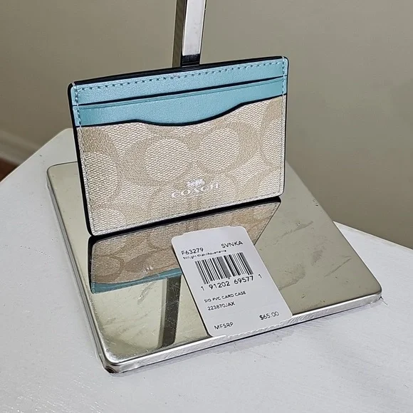 Coach F63279 Light Khaki/Aquamarine Signature Card Case NWT - Picture 2 of 9